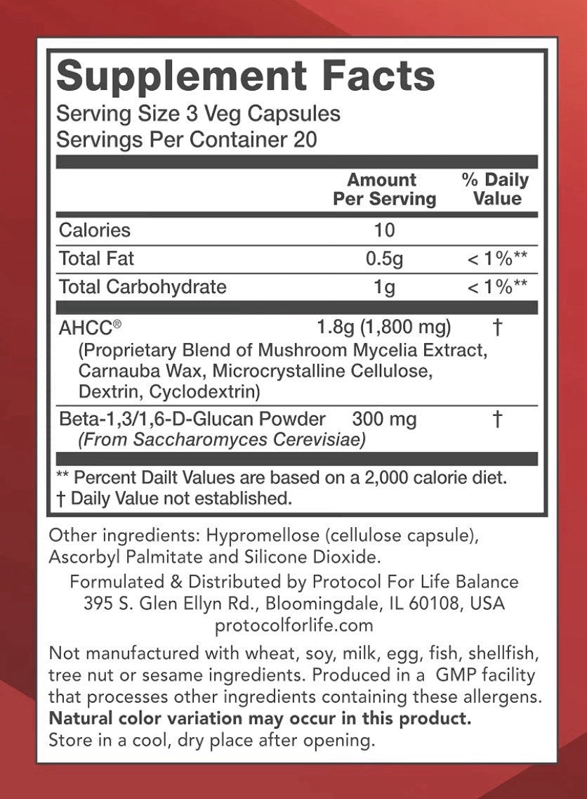 PROTOCOL FOR LIFE BALANCE AHCC 600 mg Plus Beta Glucan Healthy Immune System 60c