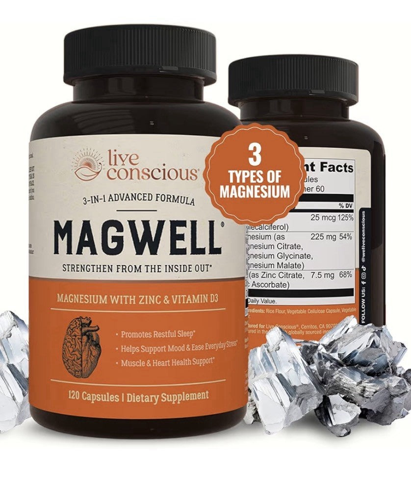 Live Conscious Magwell Magnesium Glycinate, Malate & Citrate Women & Men 2 Pack