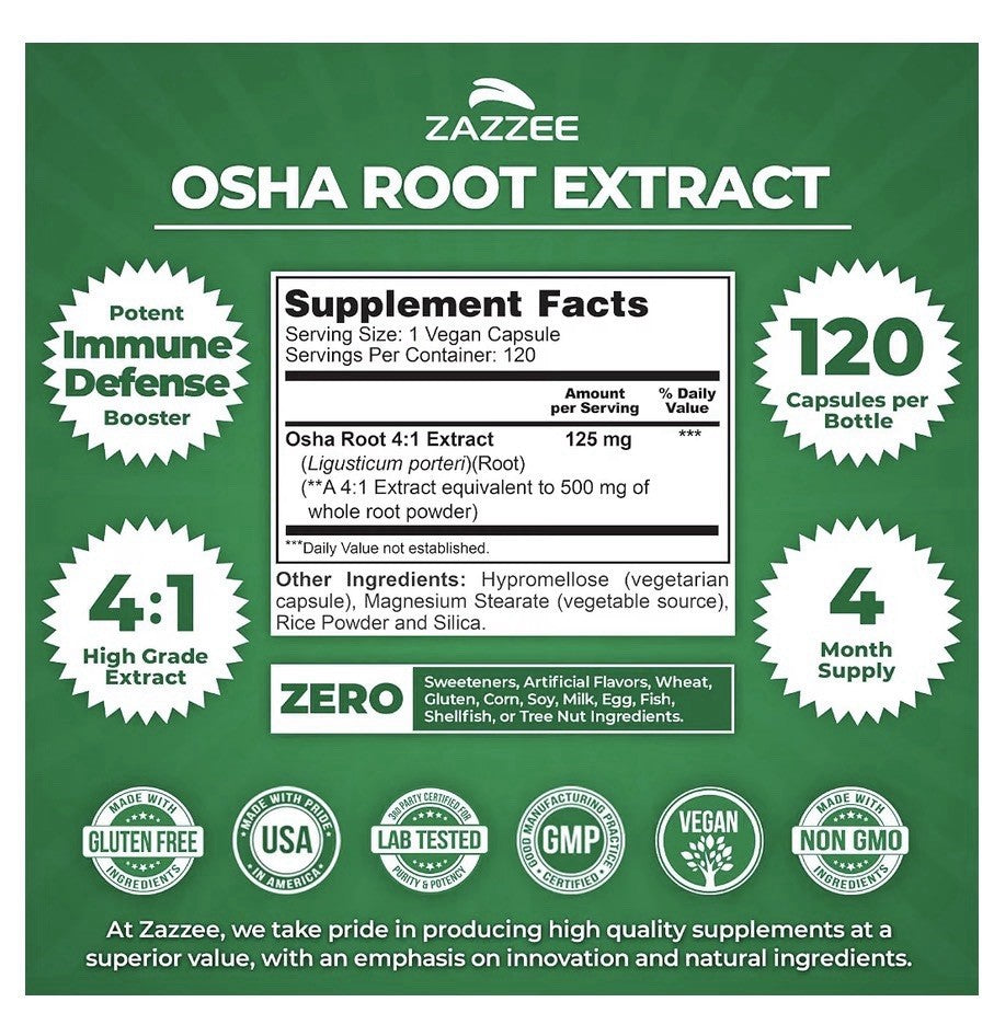 Zazzee OSHA Root Extract healthy Immune Lung Function 4 Month Supply 120 Capsule