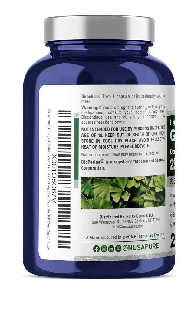 NusaPure Ginkgo Biloba 250 mg High Absorption With BioPerine 200 Capsules