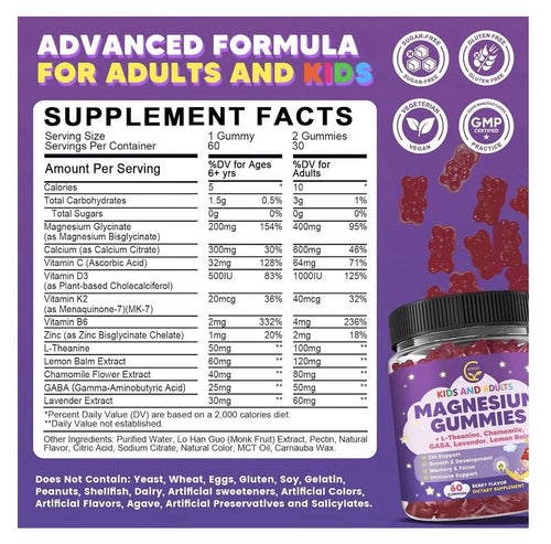 2 Pack GORNVB Magnesium Gummies Kids And Adults Sleep Immune Memory Focus Bone