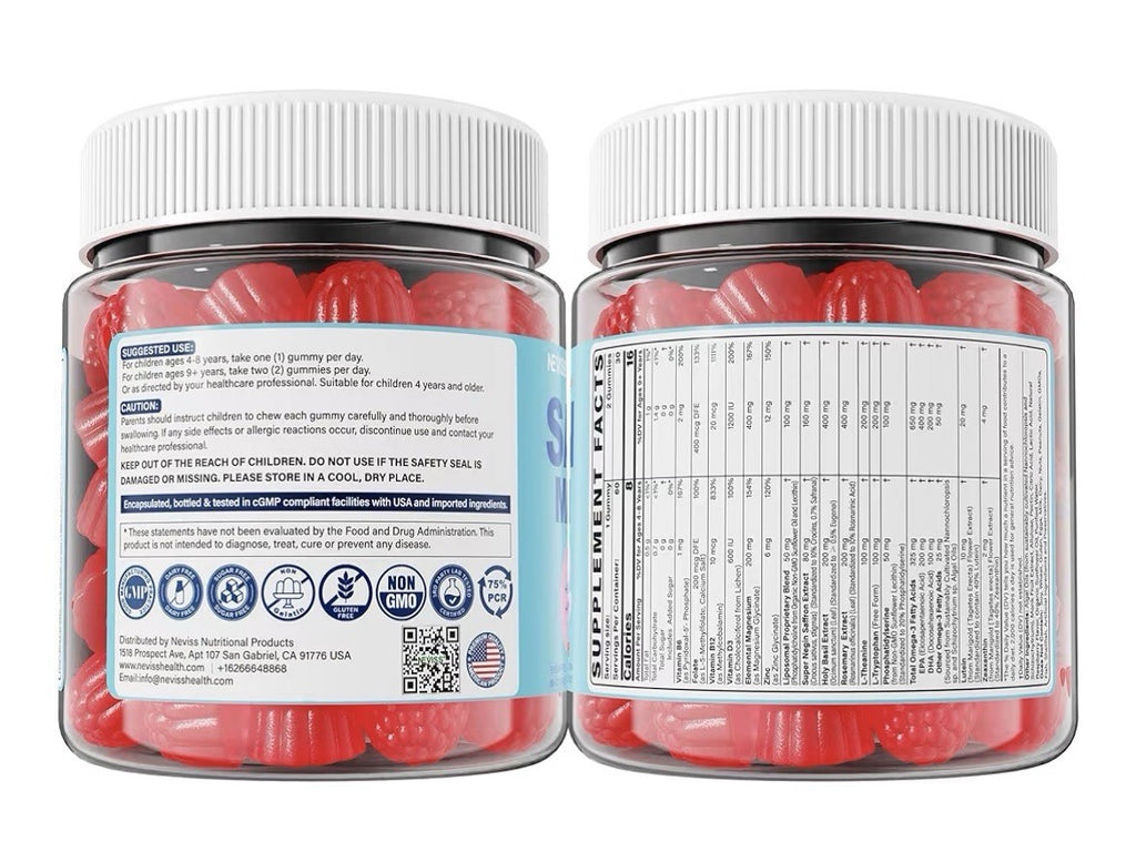 Neviss Saffron Magnesium Glycinate For Kids 4+ Focus Calm Happy Mood 60 Gummies