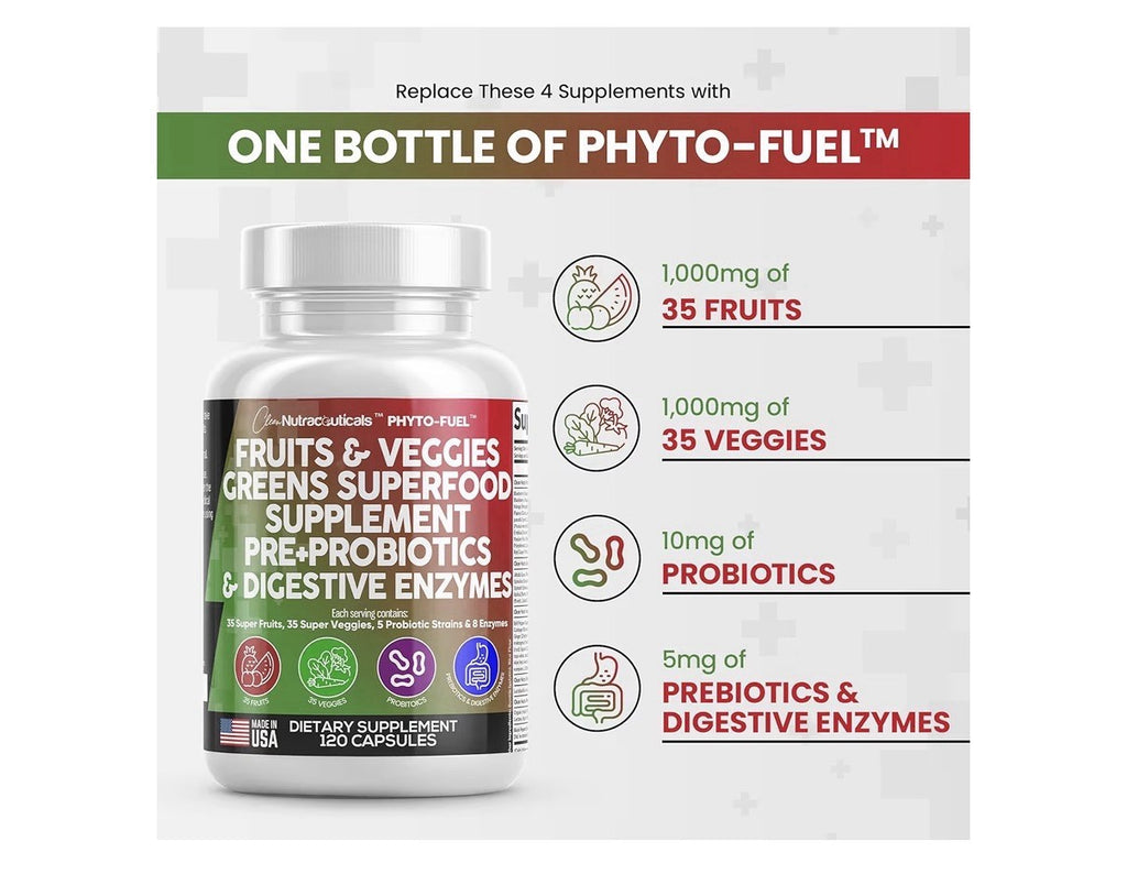 Clean Nutraceuticals Fruits and Veggies Supplement Reds & Green Superfood 120Cap