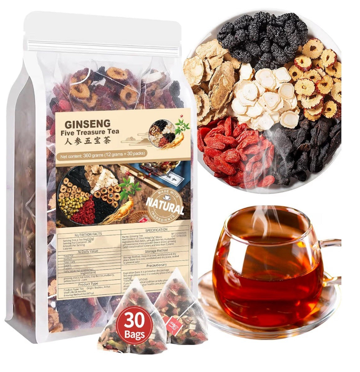 Teeo Deeo Ginseng Five Treasure Kidney Detox Herbal 7 Ingredients Blend 30Teabag