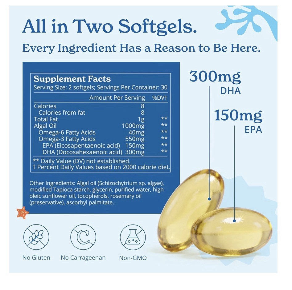 2 Pack Calgee Algae Sustainable Vegan Omega 3 DHA & EPA Total 120 Vegan Softgels