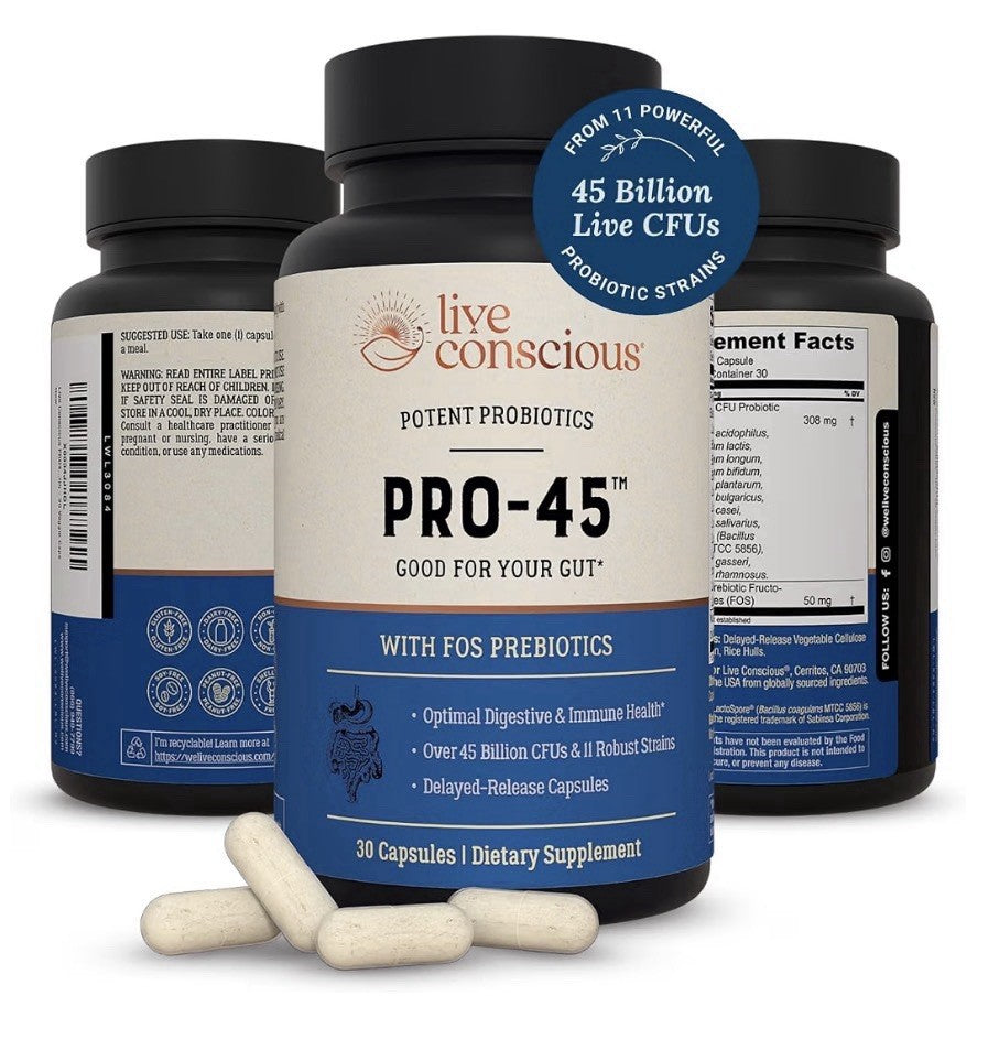 Live Conscious PRO 45 Probiotics With FOS Prebiotics for Women & Men 3 Pack