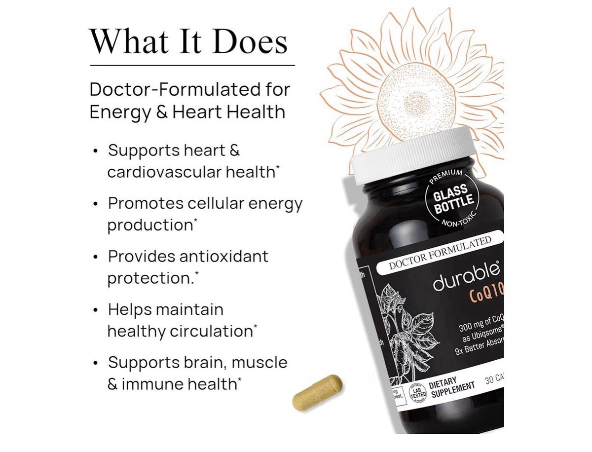 Durable CoQ10 300mg Coenzyme Q10 Phytosome with 9X Better Absorption 30 Capsules