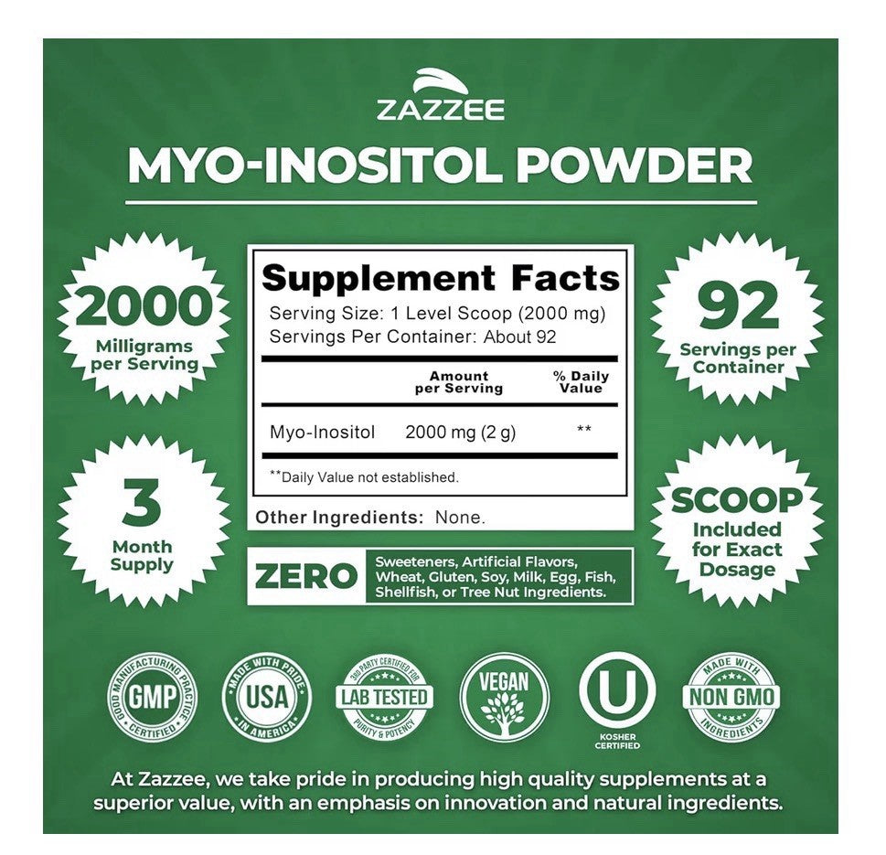 Zazzee Myo-Inositol Powder Ovarian Function Overall Reproductive Health 6.49 oz