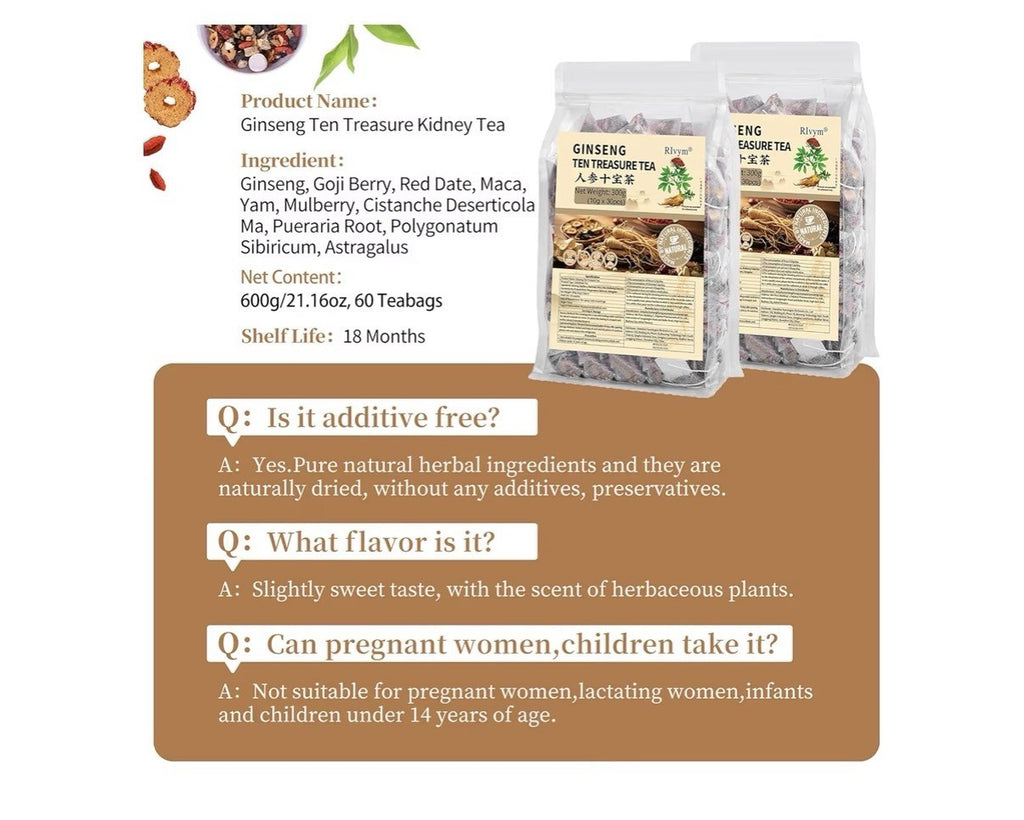 Rlvym Ginseng Ten Treasures Kidney Care Cleanse 10 Natural Ingredient 60Teabags