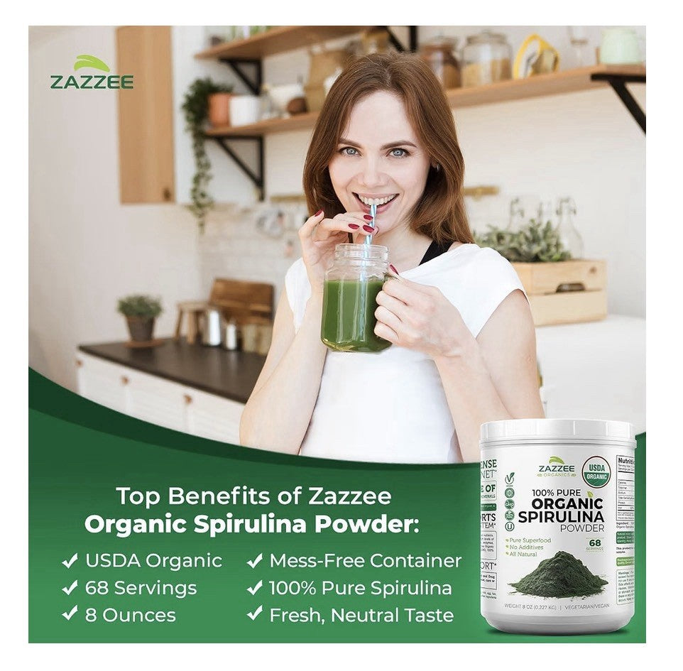 Zazzee Organic Spirulina Powder Pure Superfood 8 oz 68 Servings