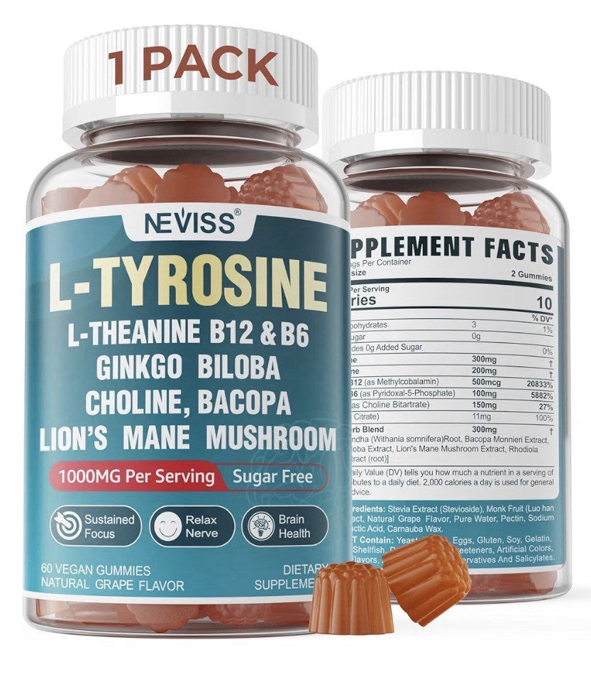 Neviss L-Tyrosine Gummies L-Theanine B12 B6 Brain Health Focus 2 Pack Gummies
