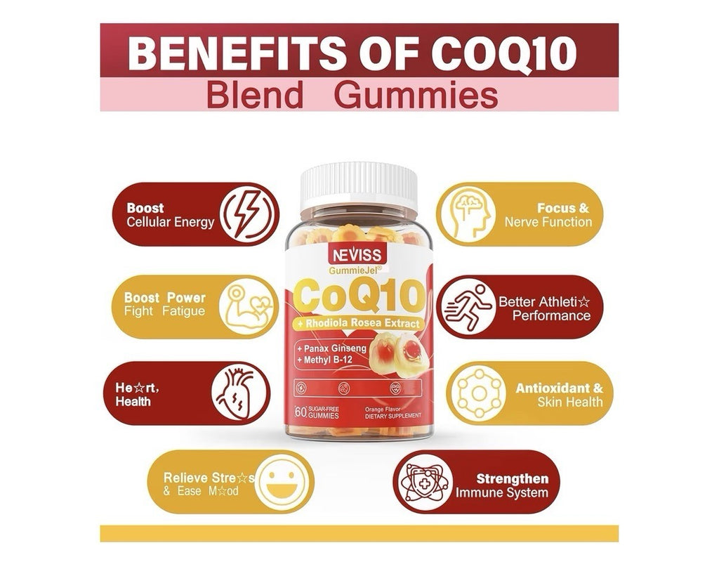 2 Pack Neviss CoQ10 Gummies Rhodiola Rosea Extract Ginseng Energy Heart Brain