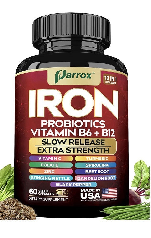 Parrox Iron Probiotics Vitamins B6 + B12 Supplement Extra Strength 60 Capsules
