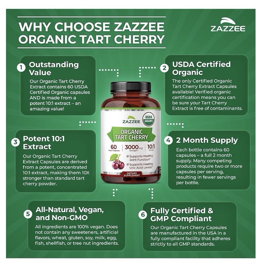 Zazzee Organic Tart Cherry Healthy Joints Function & Uric Acid levels 60 Capsule