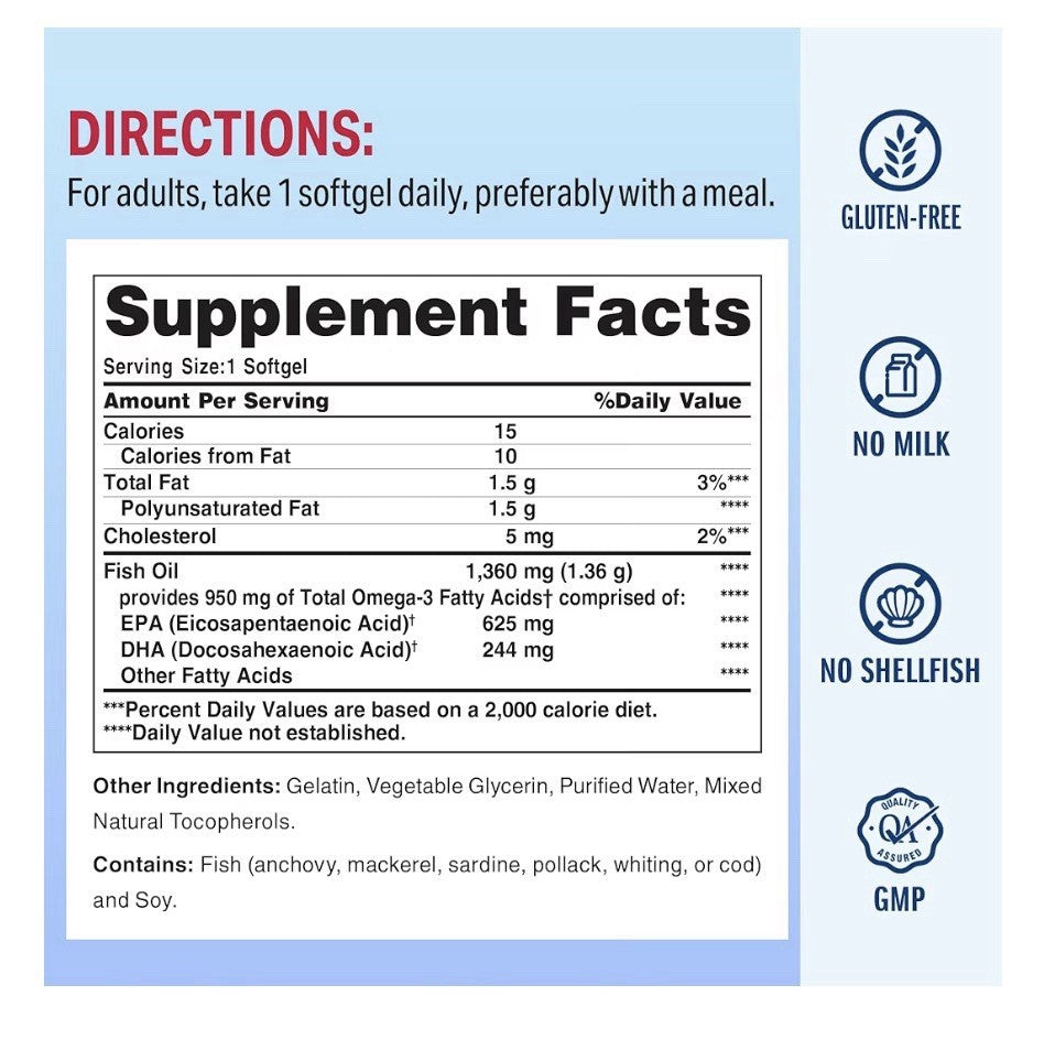 Vitamin World Omega 3 Fish Oil 1360 mg Triple Strength Supplement 60 Softgels