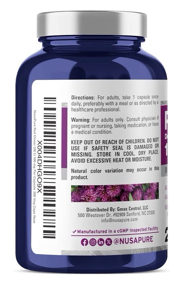 NusaPure Red Clover 100mg Per Capsule 200 Veg Capsules 200 Servings