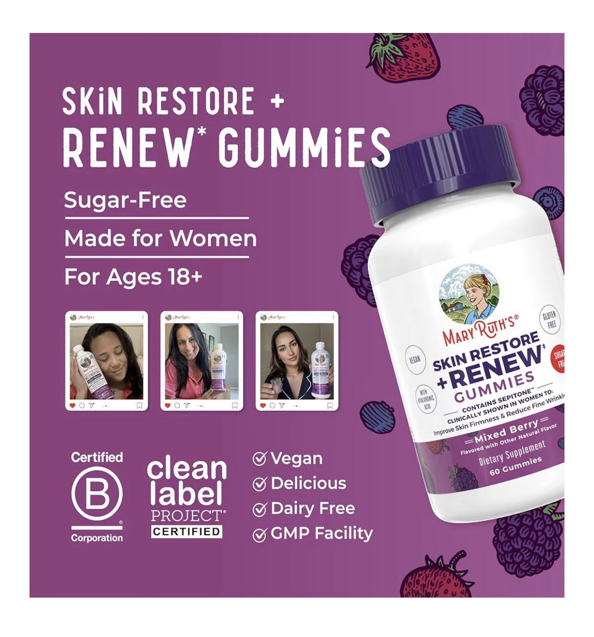 MaryRuth's Skin Restore + Renew Gummies With Hyaluronic Acid Skin Hydration 60g