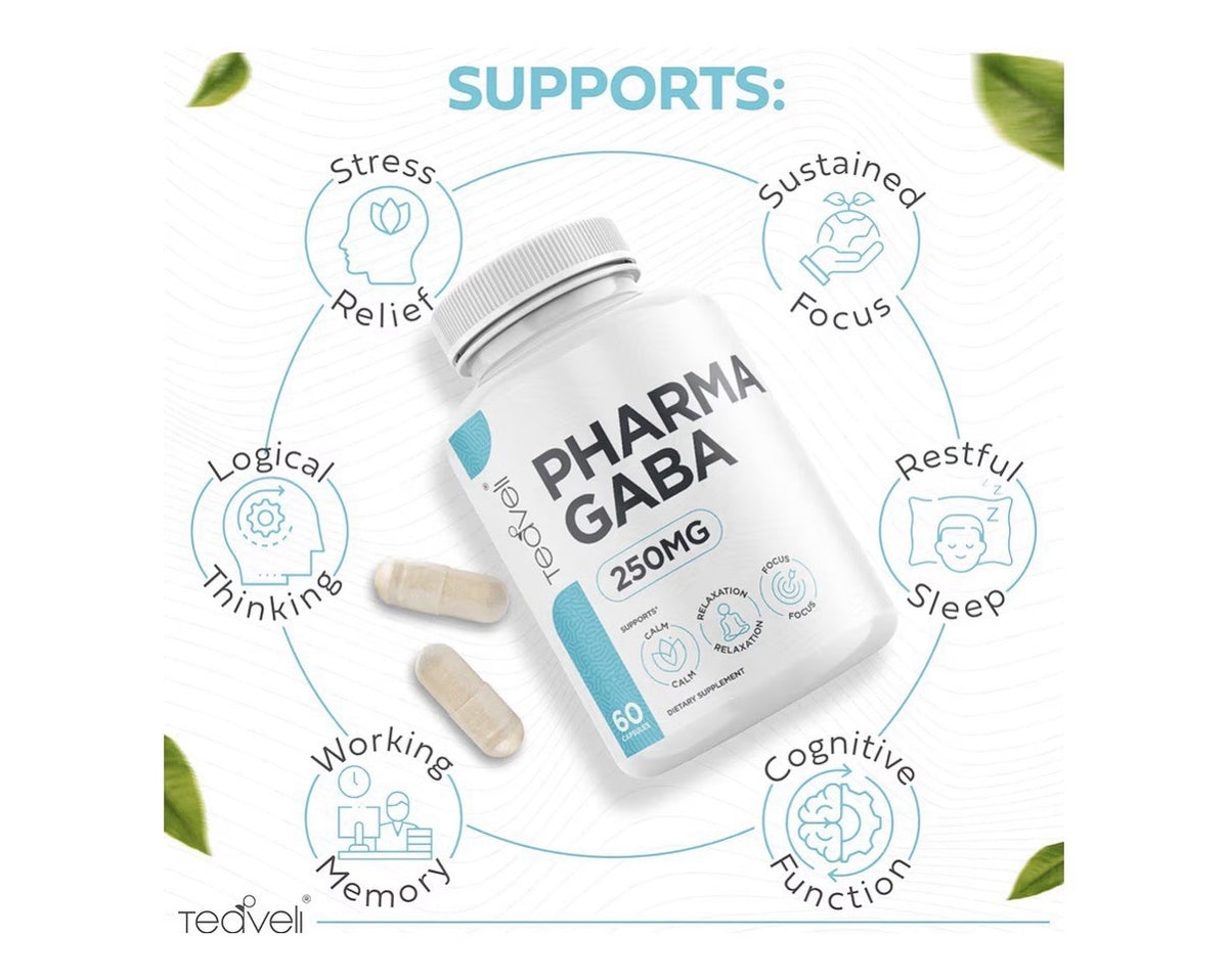 Teaveli Pharma GABA 250mg Calm Relaxation Focus Sleep Fermented GABA 60 Capsules