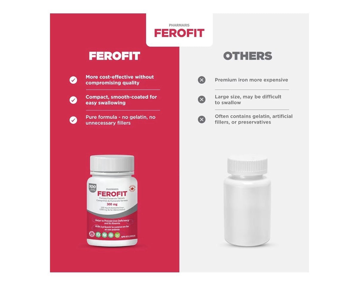 Pharmaris Ferofit Ferrous Fumarate 300mg (Elemental Iron) Prevent Anemia 100Tabs