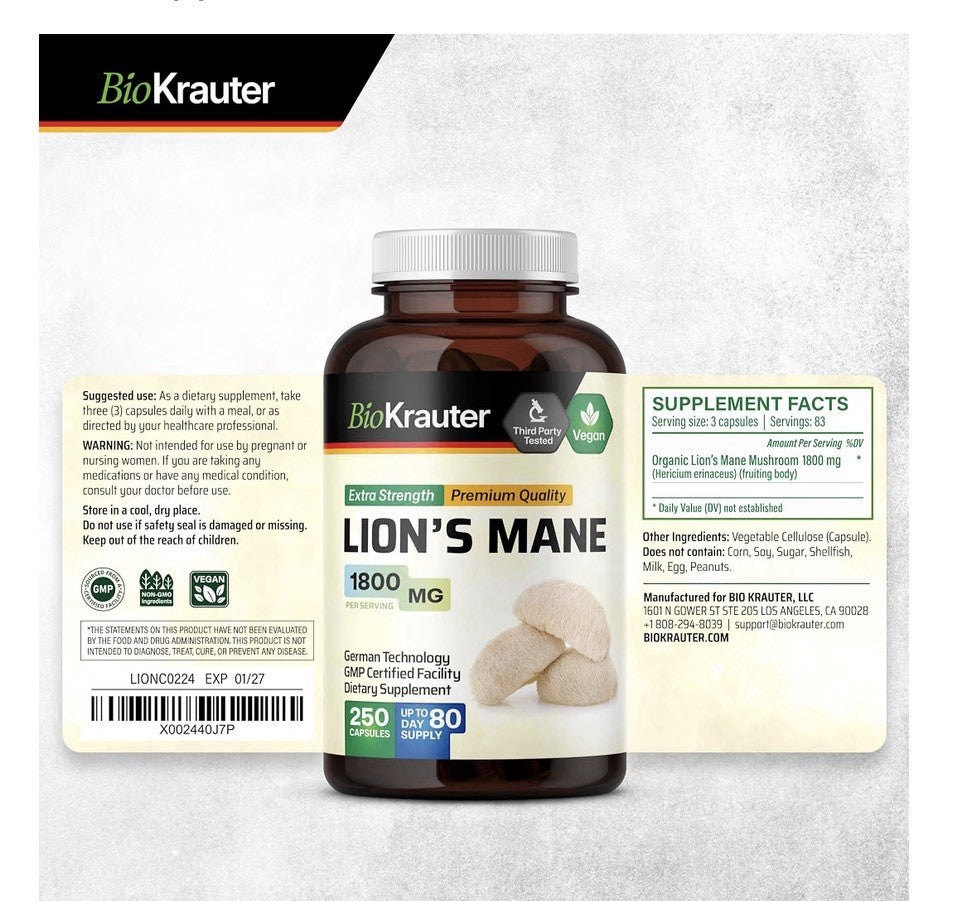 BIO KRAUTER Lion’s Mane 1800 MG  Focus Support & Brain Health 250 Capsules