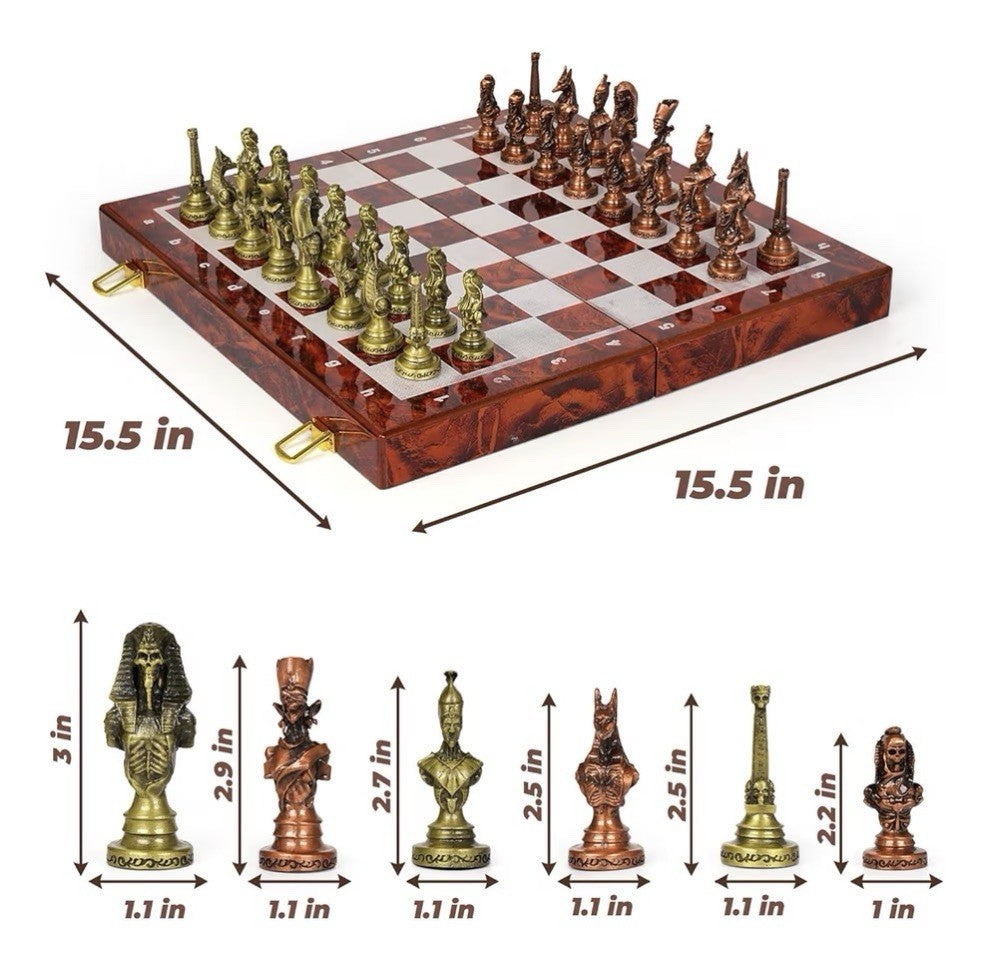 Agirlgle Large Egyptian Metal Chess Set for Adults 15 Inch Foldable Wooden Board