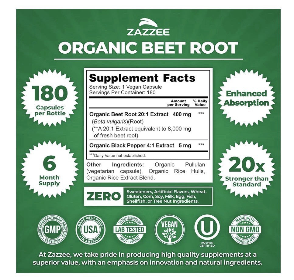 Zazzee Beet Root Nitric Oxide Support Healthy Energy Levels 6Month Supply 180cap