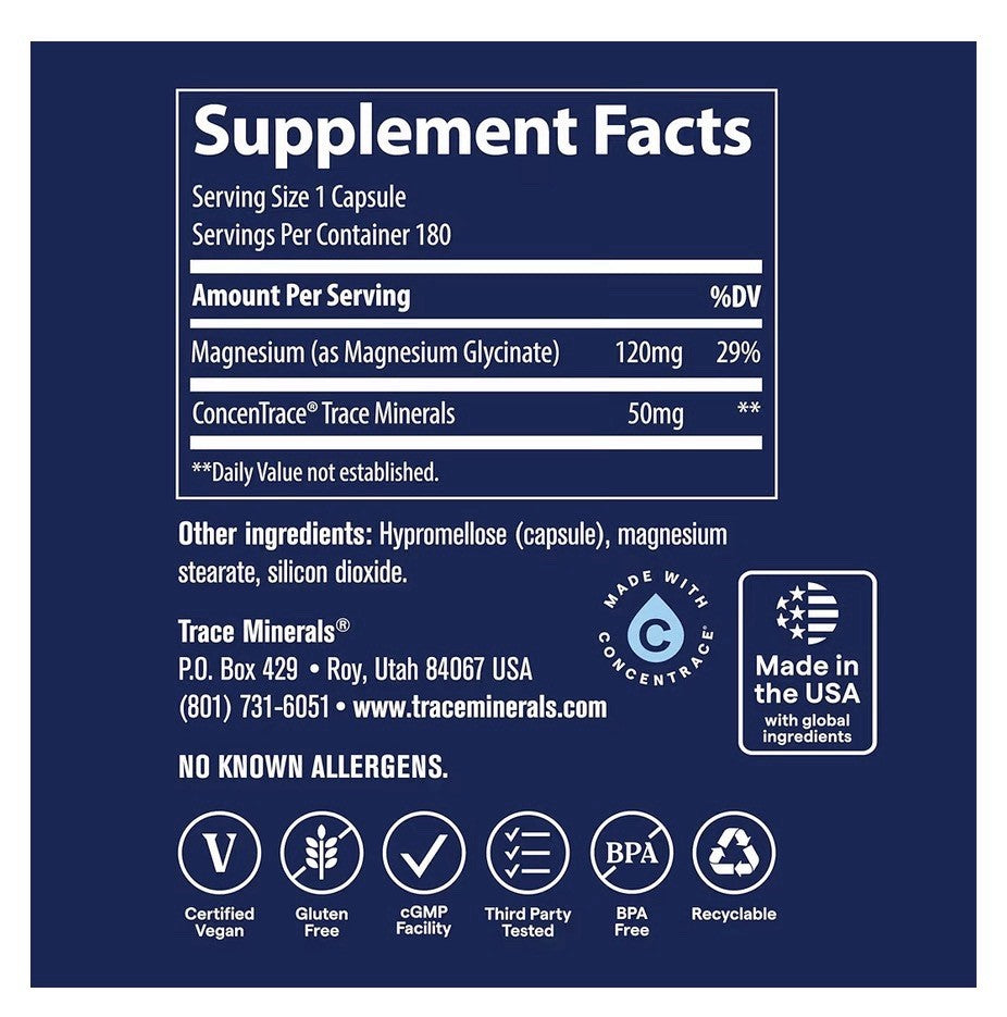 Trace Minerals Magnesium Glycinate Gentle Healthy Bones Nerve Mind Sleep 180Caps