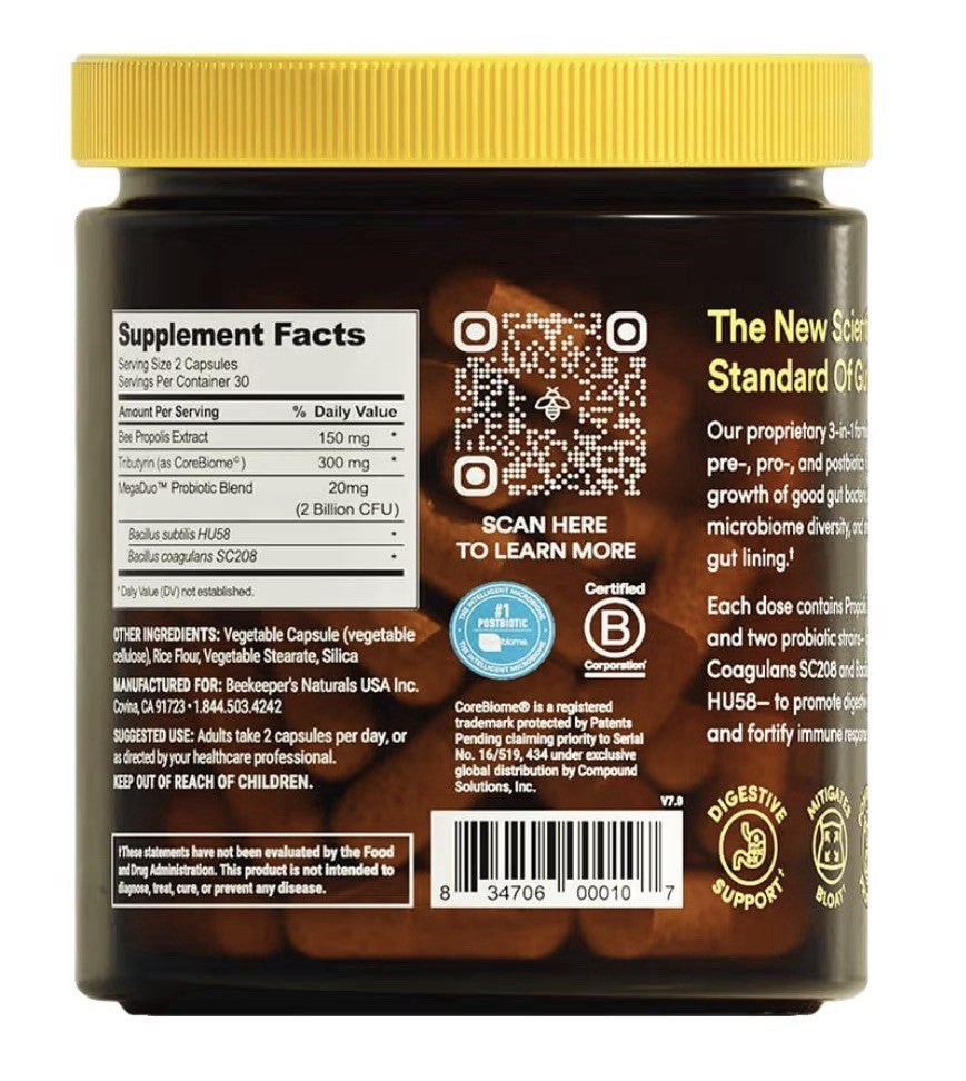 Beekeeper's Naturals Complete GutHealth Propolis 3inl PrebioticProbiotic 60cap
