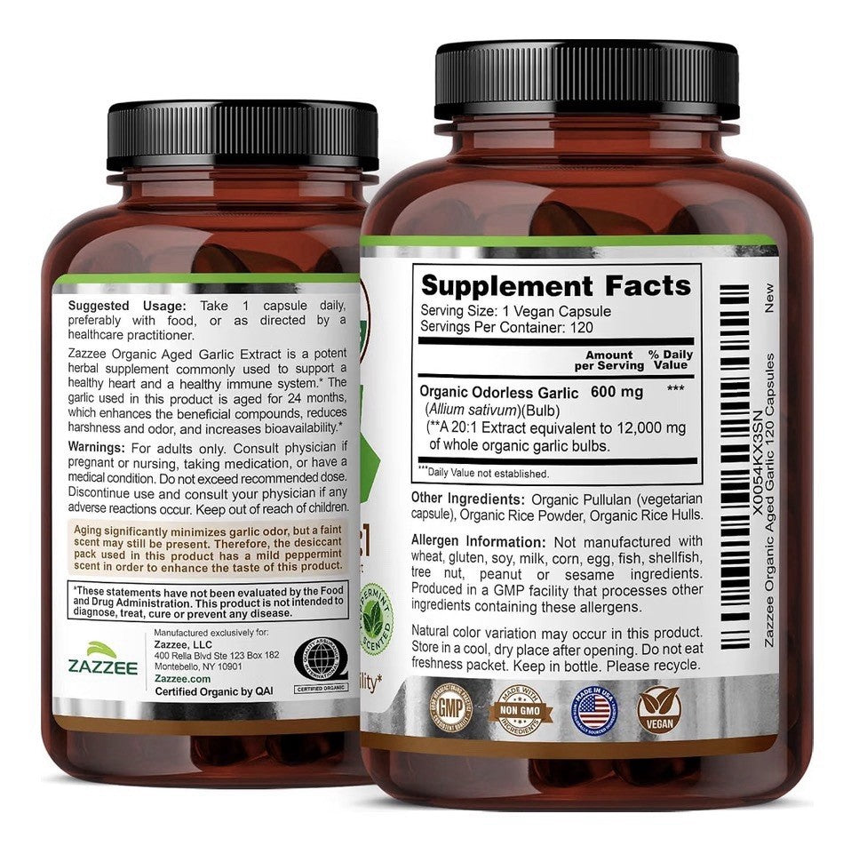 Zazzee Organic Aged Garlic Extract Aged 24 Months Immune Circulation 120capsules