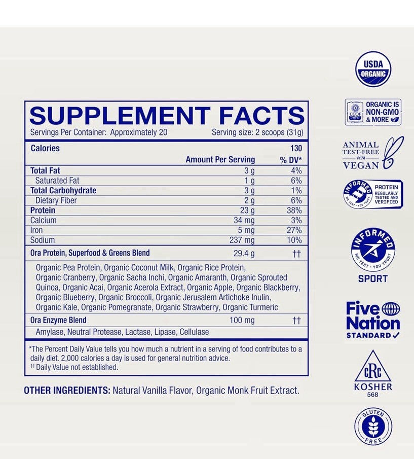 Ora So Lean & So Clean Plant Protein Powder for Women and Men Vanilla 21.8oz