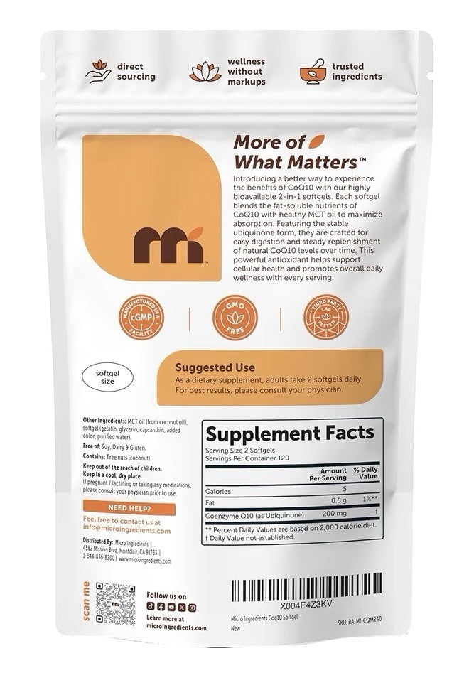 Micro Ingredients CoQ10 200mg Per Serving 240 Softgels Made With MCT Oil