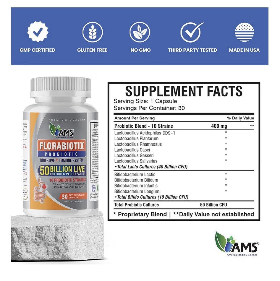 AMS Florabiotix Probiotic Immune Digestive Support 50 Billion Live Cultures 30ca