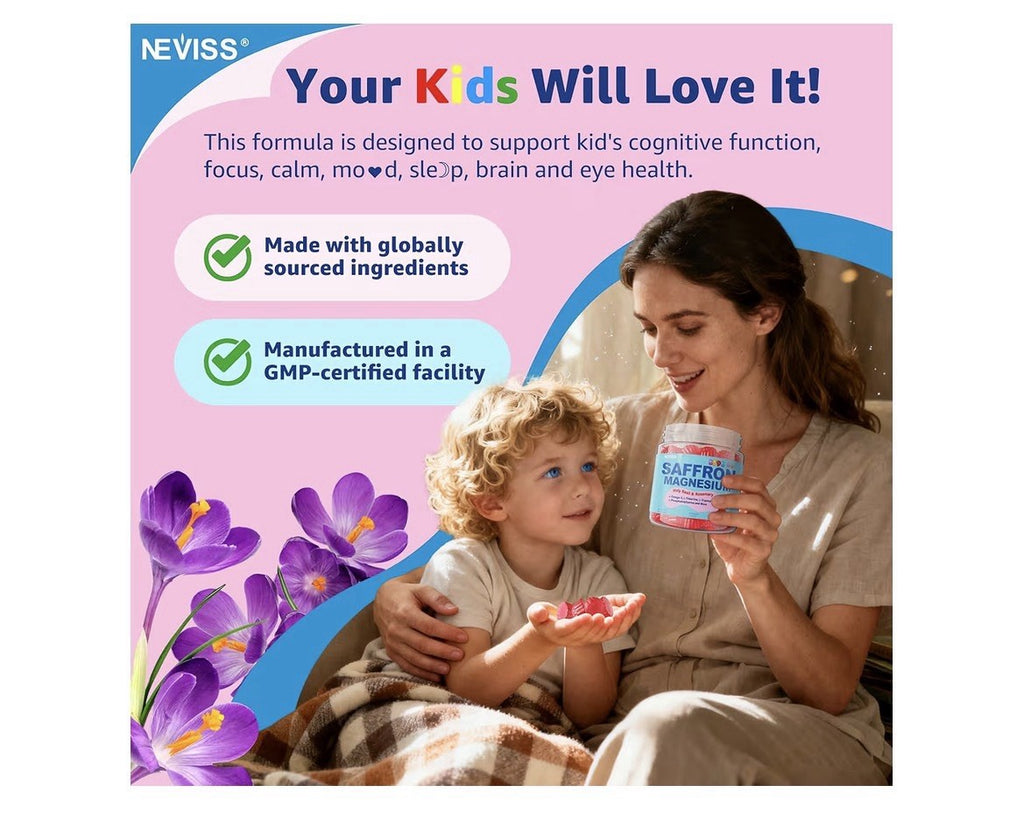 2 Pack Neviss Saffron Magnesium Glycinate For Kids 4+ Focus Calm Happy Mood