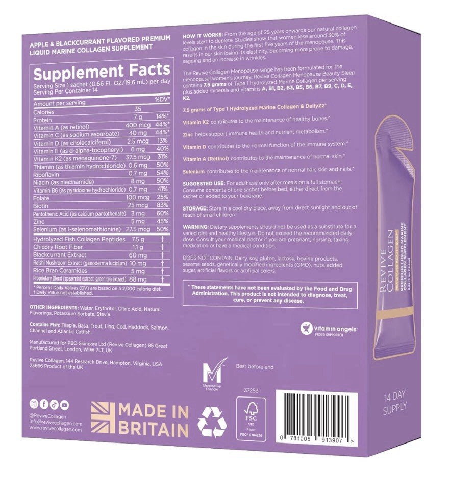 Revive Collagen Menopause Beauty Sleep Premium Liquid Marine Collagen Drink 14ct