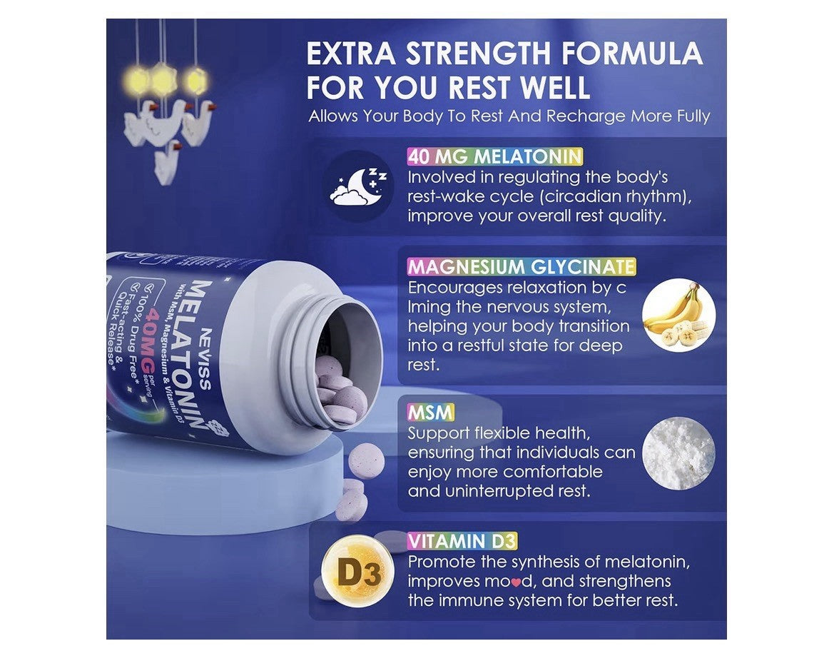 2 Pack NEVISS Melatonin 40 mg With MSM, Magnesium, Vitamin D3 Fast Acting