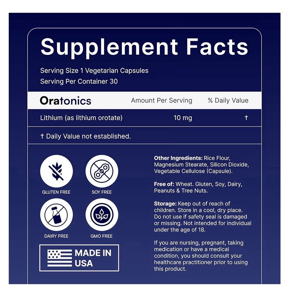 ORATONICS Lithium Orotate 10mg Trace Mineral Supplement Cognitive Clarity 60caps