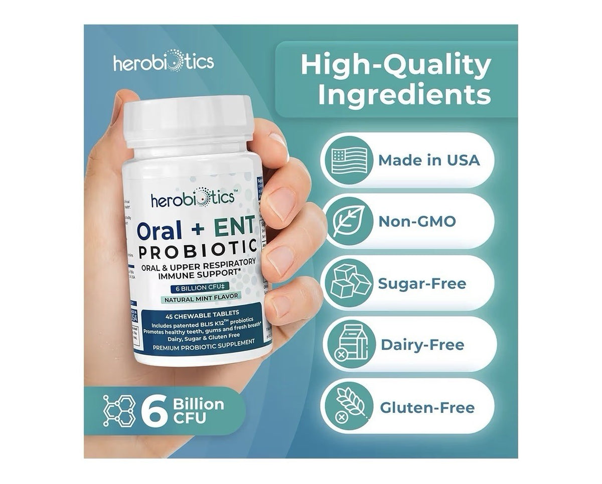 herobiotics Oral+ENT Probiotics Better Breath Gingivitis Strep Throat 45Chewable