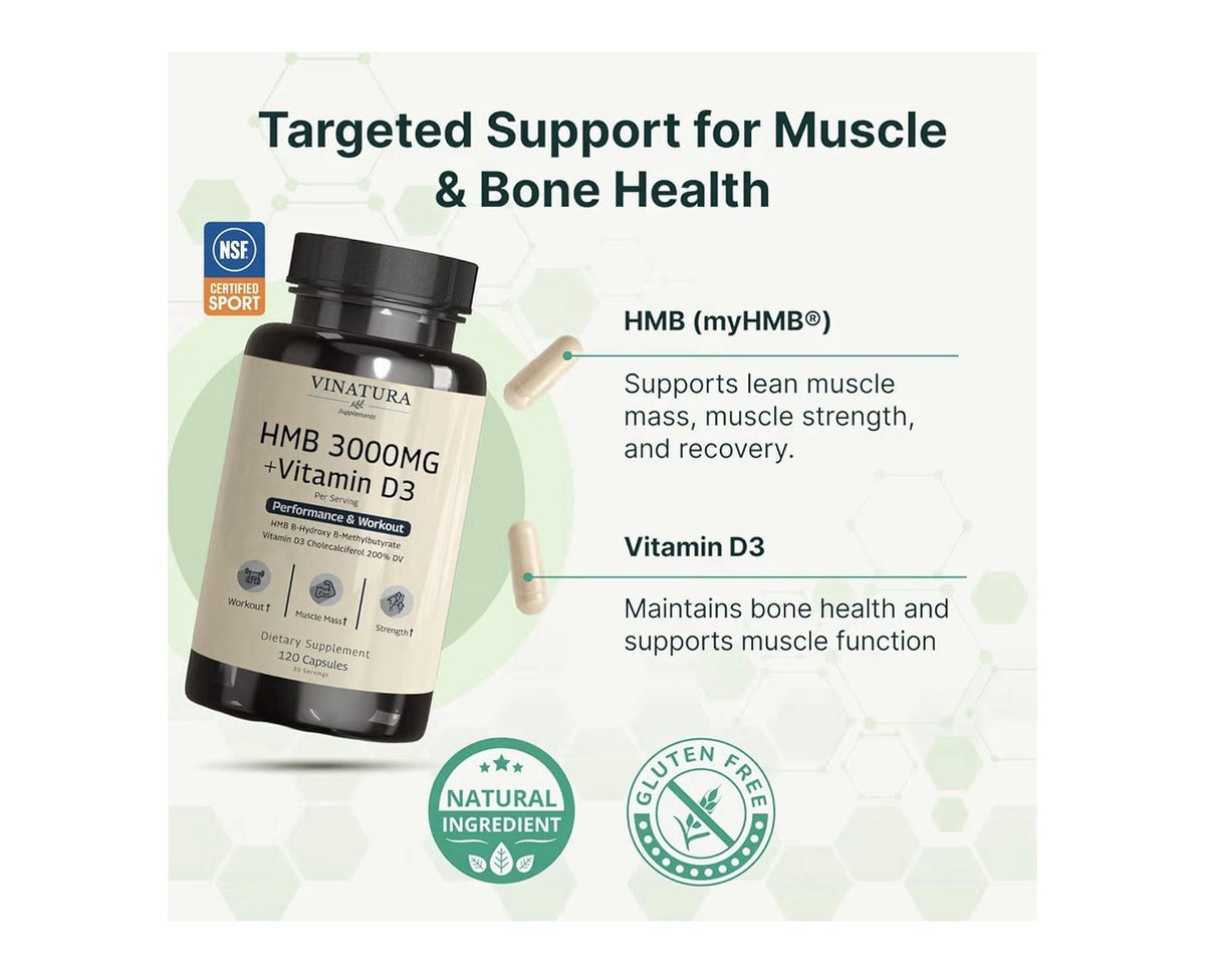 VINATURA HMB 3000mg and Vitamin D3 Supplement Performance Workout 120 Capsules