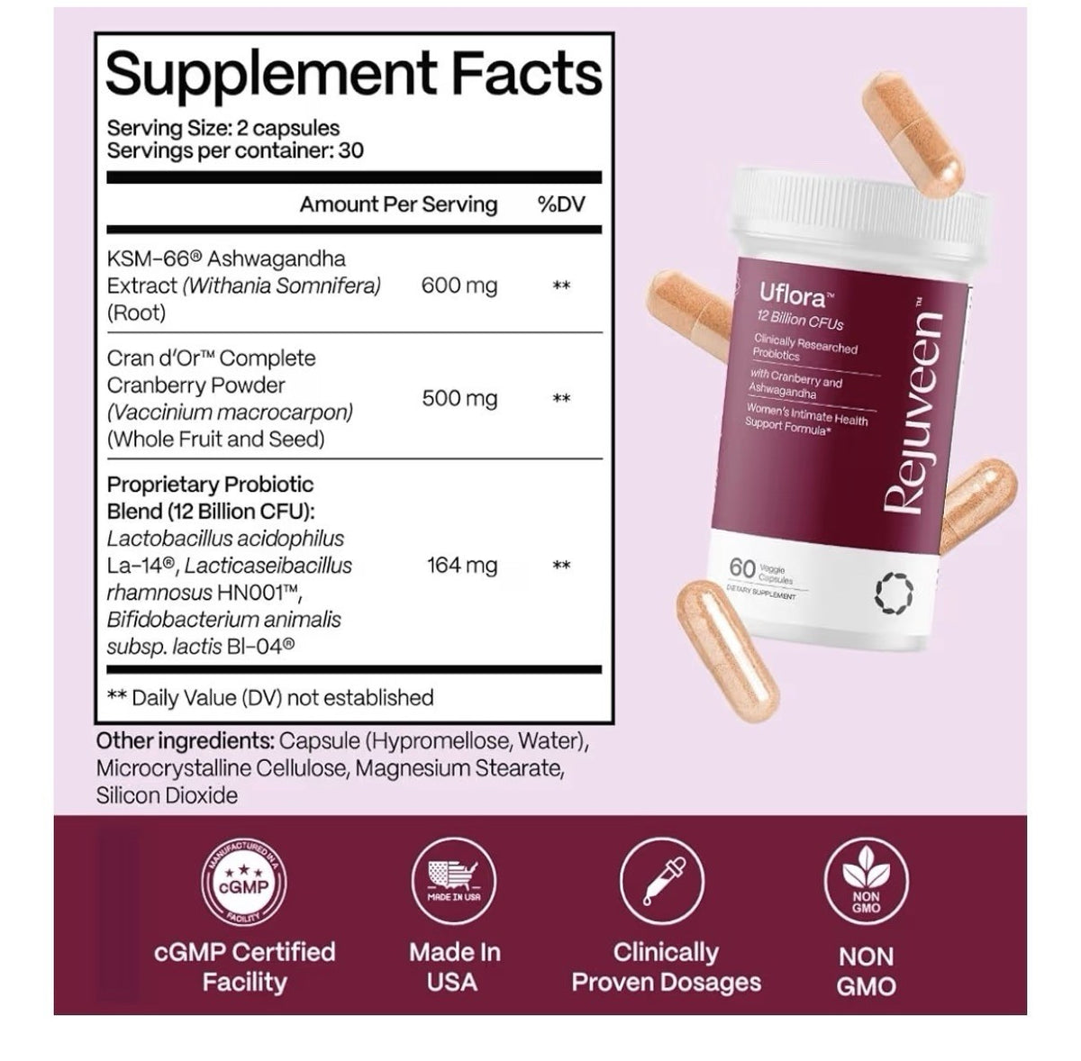 Rejuveen Uflora Vaginal Probiotics Women Support Vaginal Health Moisturizer 60ca