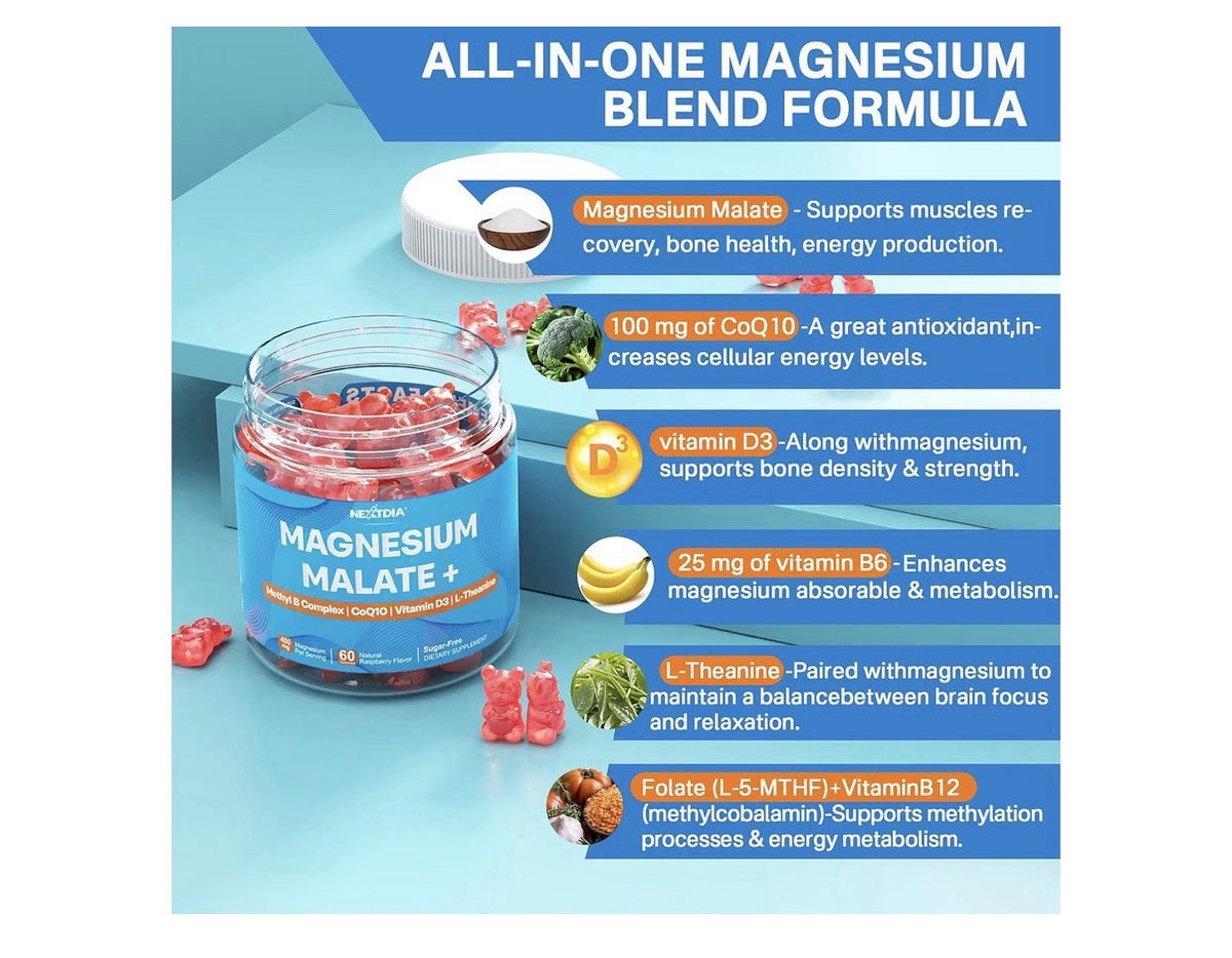 Nextdia Magnesium Malate +  Gummies for Adults Energy Muscle Support 2 Pack