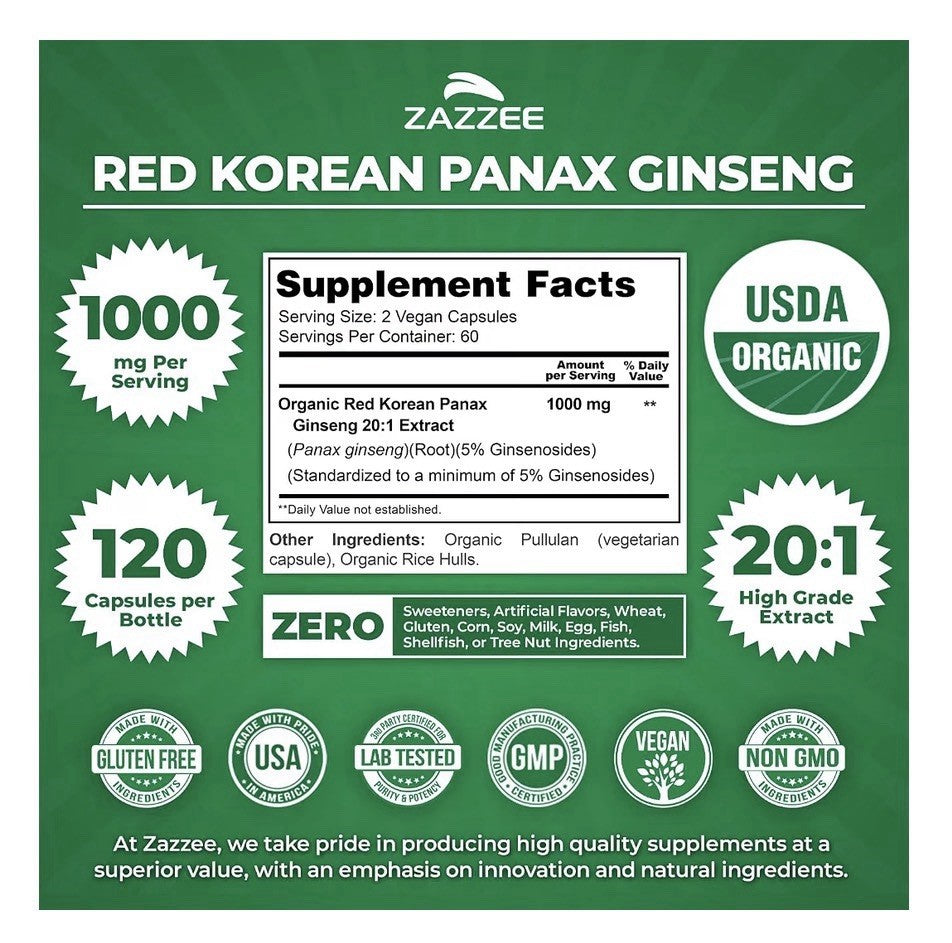 Zazzee Red Korean Panax Ginseng Energy And Performance Support 120 Capsules