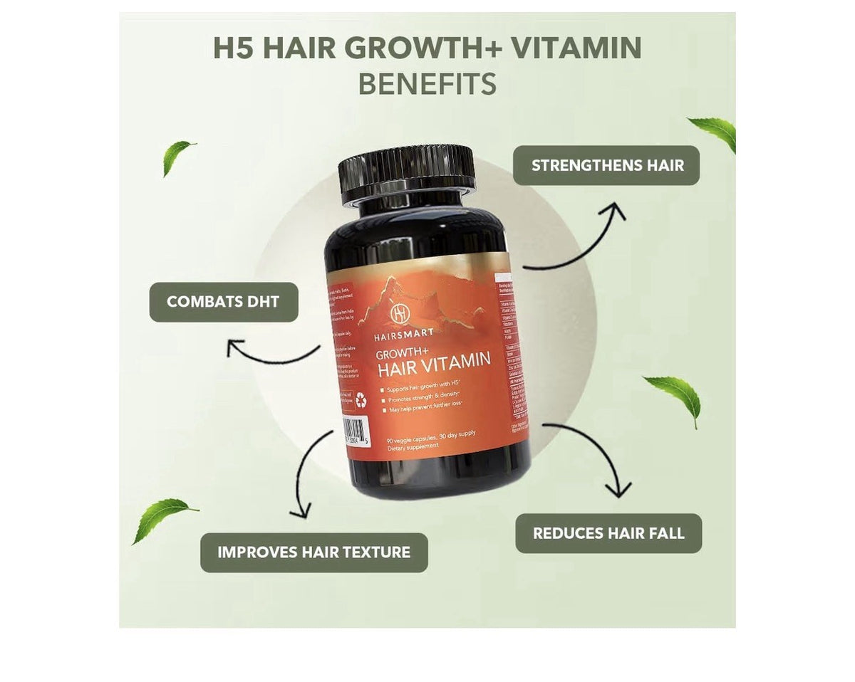 HairSmart H5 Grow+ Hair Vitamin Supplement Biotin Ayurvedic Herbs 5 Nutrient 90c