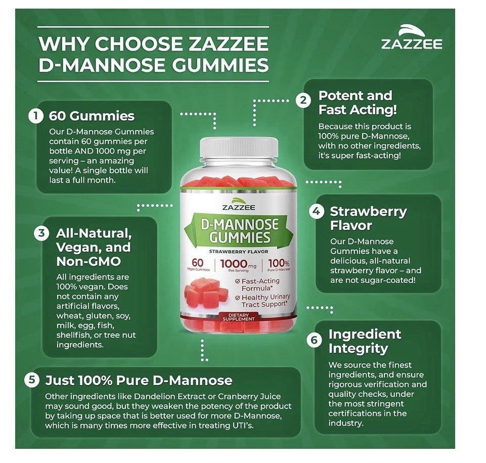 Zazzee D-Mannose Gummies Healthy Urinary Tract Support 60 Gummies