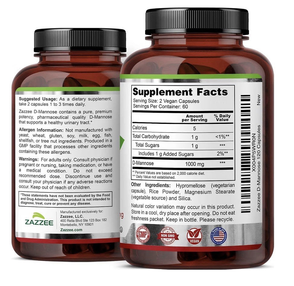 Zazzee D-Mannose Healthy Urinary Tract Support 2 Month Supply 120 Capsules