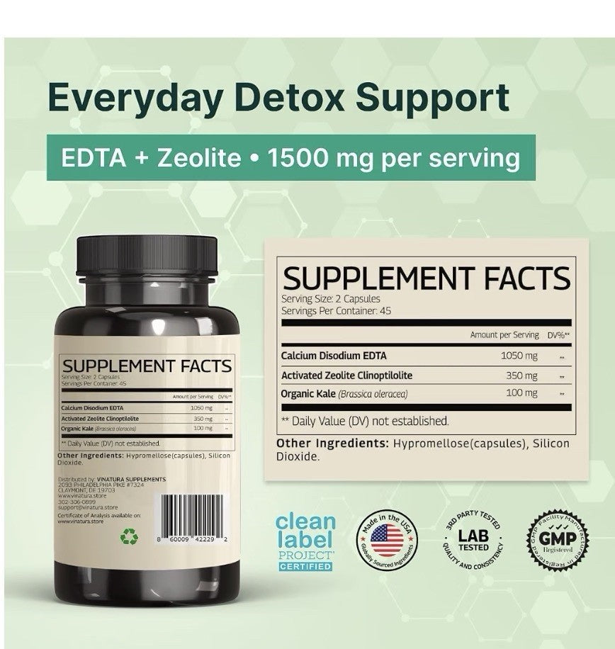 VINATURA EDTA Zeolite 1500mg Calcium Disodium Zeolite Clinoptilolite 90 capsules