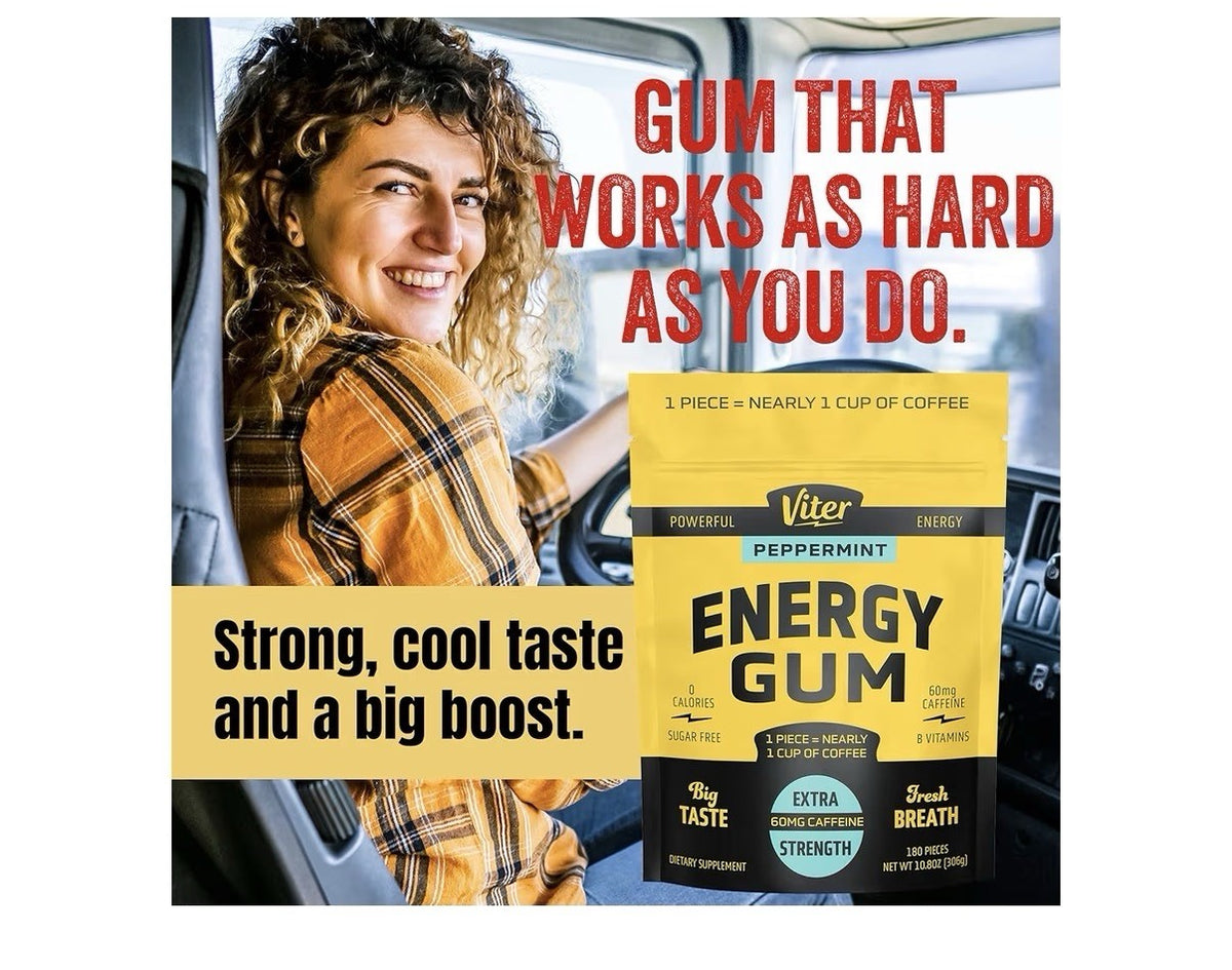 Viter Energy Gum Peppermint Vitamin B3 B6 B9 B12 Caffeinated Total 180 Pieces
