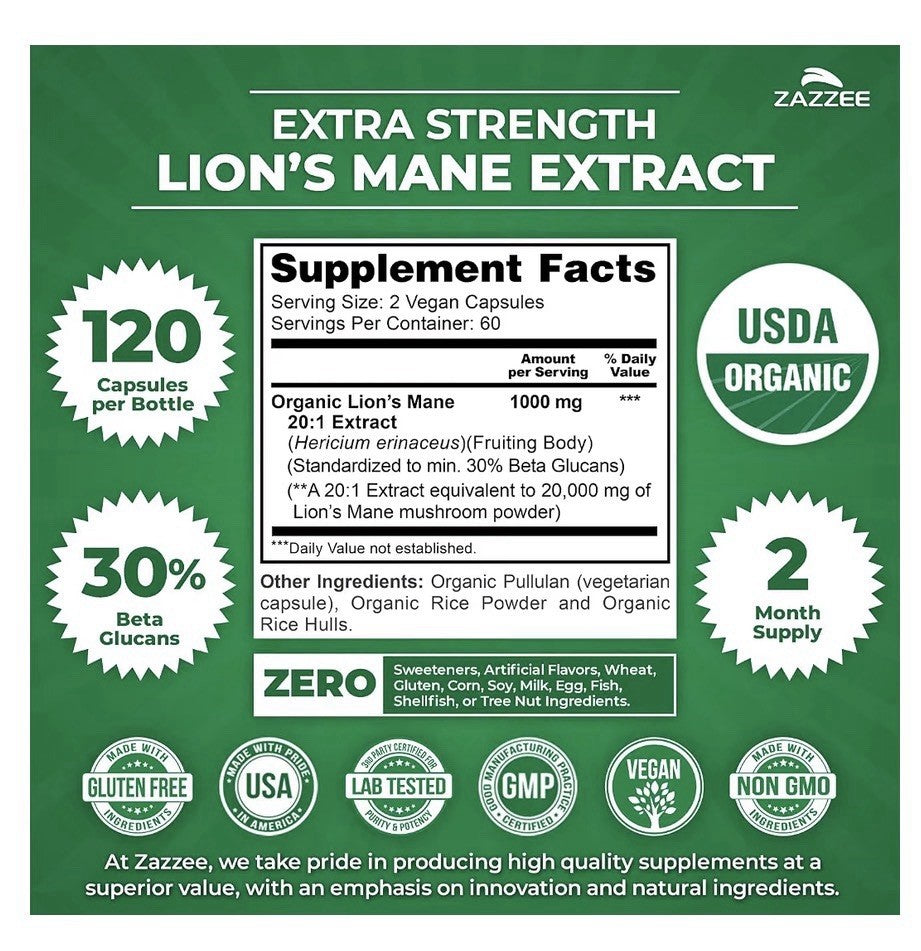 Zazzee Lion's Mane 30% Beta Glucans Supports Cognitive Function 2 Month Supply