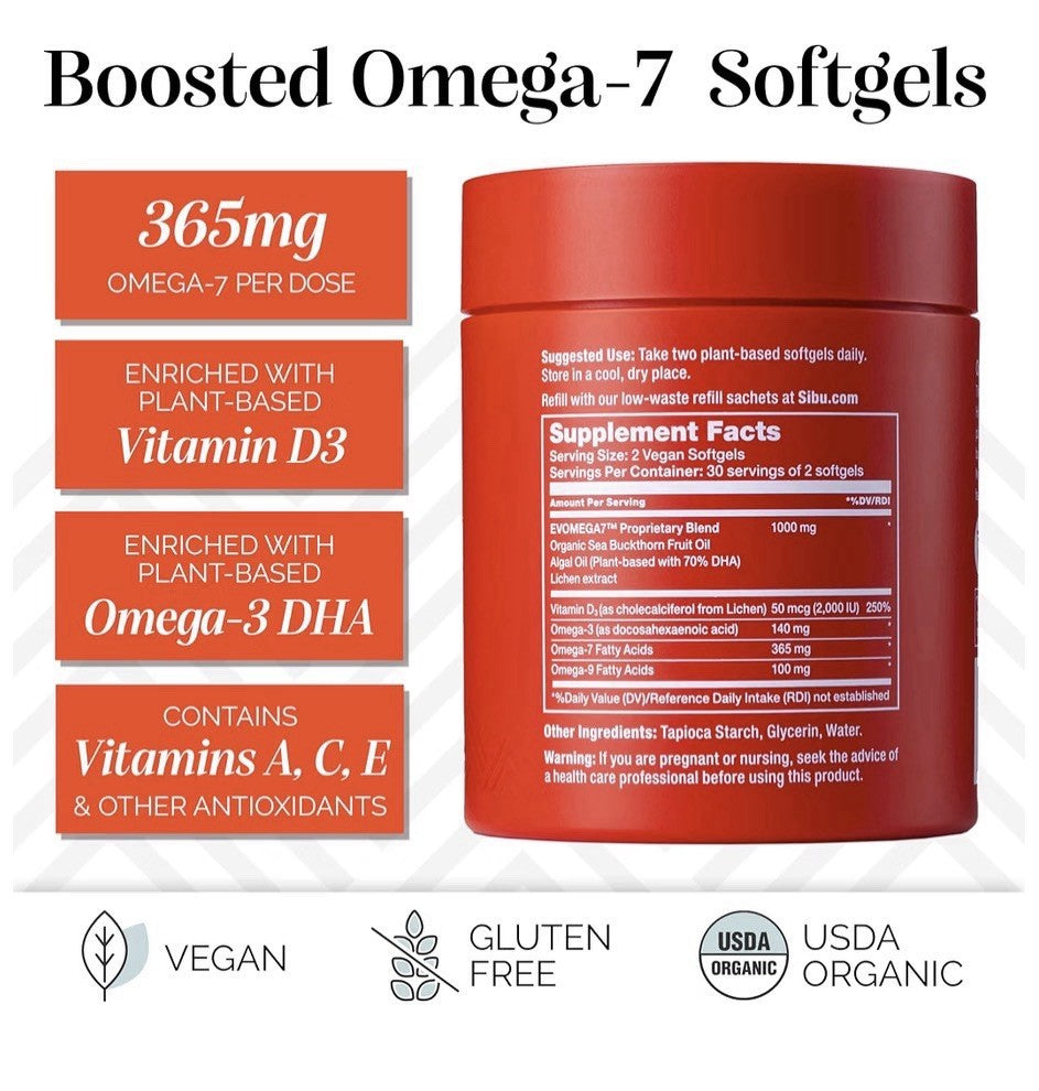 sibu Omega-7 Plus Sea Buckthorn Vitamin D3 Omega 3 DHA 60 Softgels