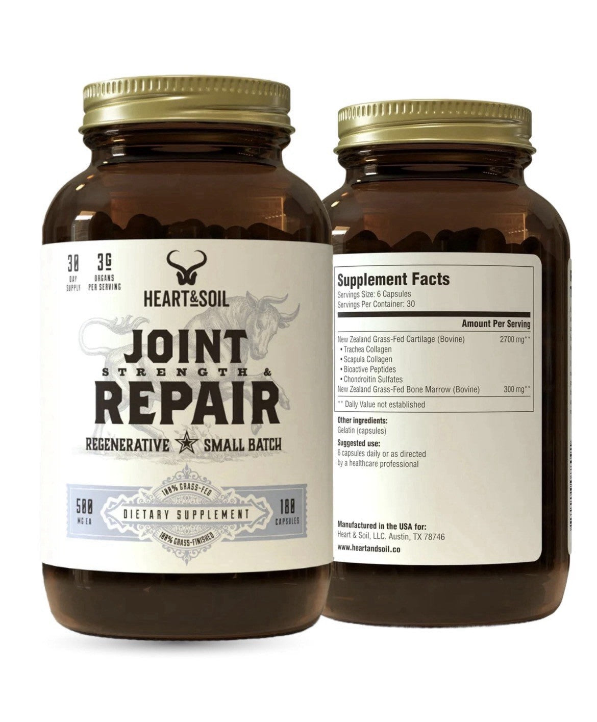 Heart & Soil Joint Strength & Repair Support Grass Fed Finished Supplement 180ca