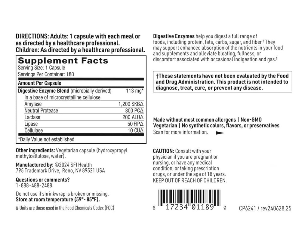 SFI Health Digestive Enzymes Protease Enzymes for Digestion Gut Health 180 Caps